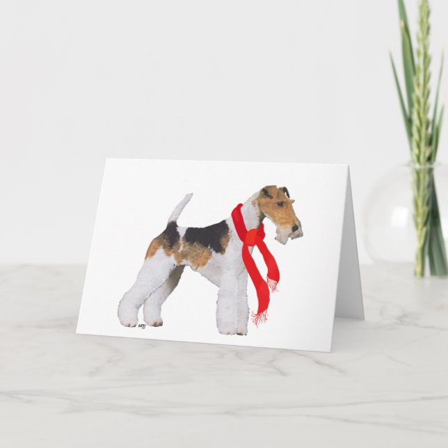 Wire Fox Terrier in einem Scarf Feiertagskarte (Vorderseite)