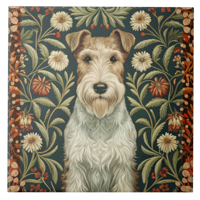 Wire Fox Terrier in William Morris Floral Style Fliese (Vorderseite)