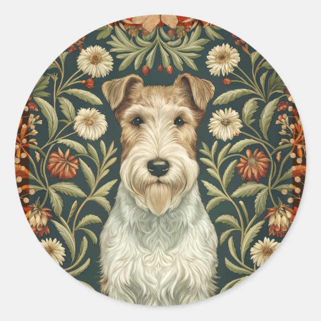 Wire Fox Terrier in William Morris Floral Style Runder Aufkleber (Vorderseite)
