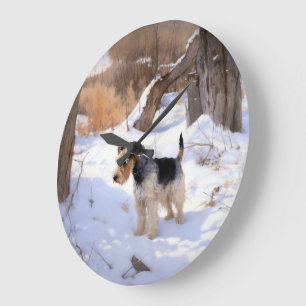 Wire Fox Terrier lässt es Weihnachten schnee Große Wanduhr