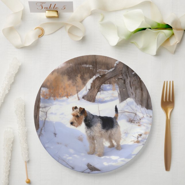 Wire Fox Terrier lässt es Weihnachten schnee Pappteller (Hochzeit)