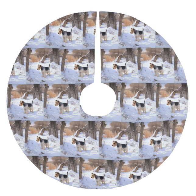 Wire Fox Terrier lässt es Weihnachten schnee Polyester Weihnachtsbaumdecke (Vorderseite)