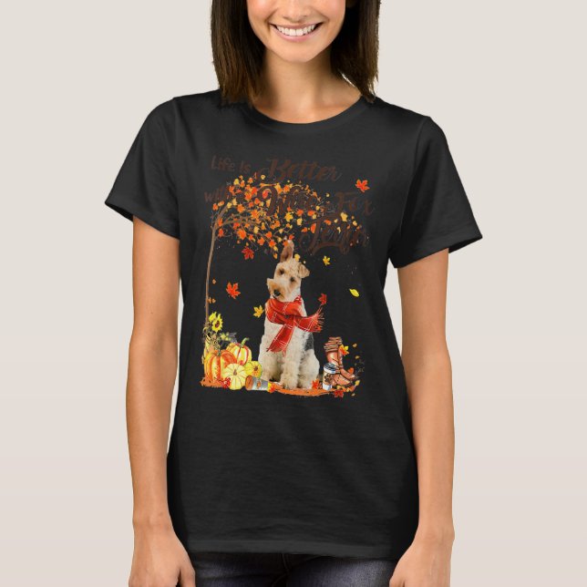 Wire Fox Terrier Maple Tree Erntedank Day Niedlich T-Shirt (Vorderseite)