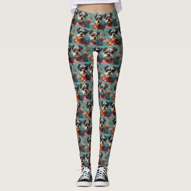 Wire Fox Terrier mit Herz-Rose Valentinstag Leggings (Vorderseite)