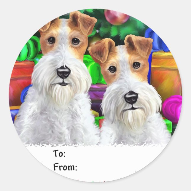 Wire Fox Terrier Open Geschenke Weihnachten Runder Aufkleber (Vorderseite)