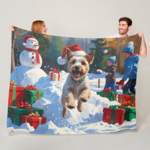 Wire Fox Terrier Running Snow mit Weihnachtshut Fleecedecke