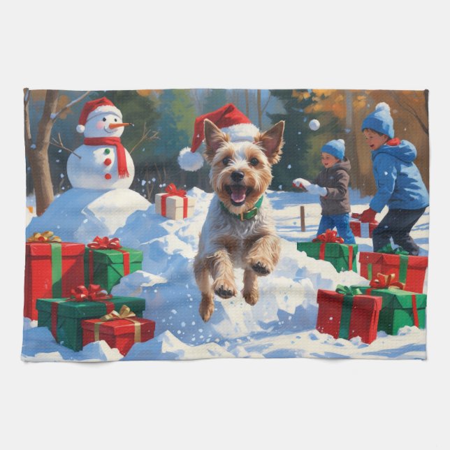 Wire Fox Terrier Running Snow mit Weihnachtshut Geschirrtuch (Horizontal)