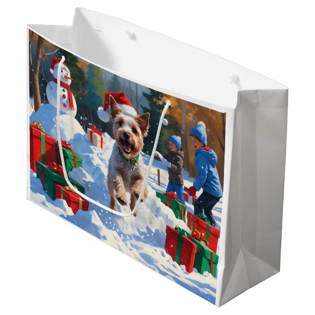 Wire Fox Terrier Running Snow mit Weihnachtshut Große Geschenktüte (Vorderseite Schrägansicht)
