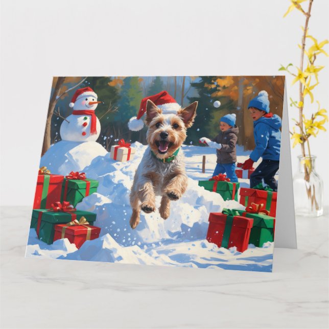 Wire Fox Terrier Running Snow mit Weihnachtshut Karte (Gelbe Blume)
