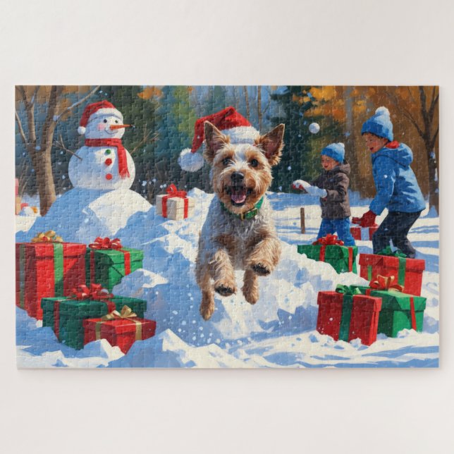 Wire Fox Terrier Running Snow mit Weihnachtshut Puzzle (Horizontal)