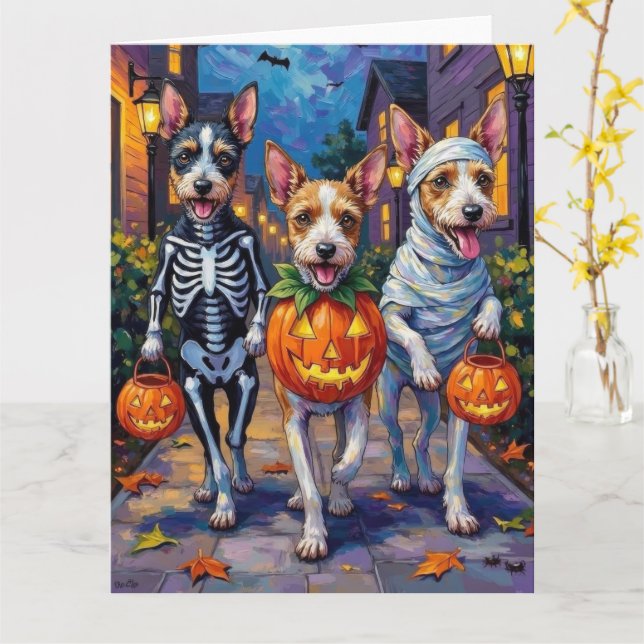 Wire Fox Terrier Trick-or-Treating Halloween Karte (Gelbe Blume)