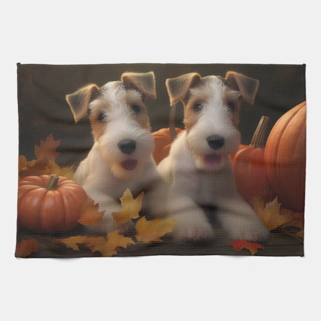 Wire Fox Terrier Welpe Autumn Delight Pumpkin Geschirrtuch (Horizontal)