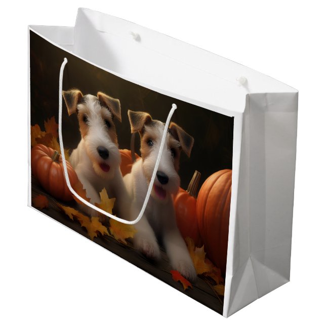 Wire Fox Terrier Welpe Autumn Delight Pumpkin Große Geschenktüte (Vorderseite Schrägansicht)