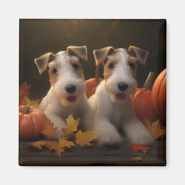 Wire Fox Terrier Welpe Autumn Delight Pumpkin Magnet (Vorne)
