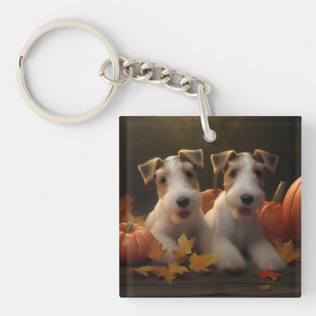 Wire Fox Terrier Welpe Autumn Delight Pumpkin Schlüsselanhänger (Vorderseite)