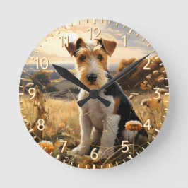 Wire Hair Fox Terrier im Herbst Landschaft Runde Wanduhr
