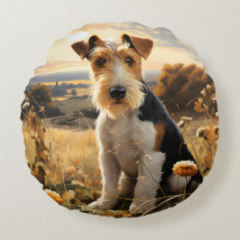 Wire Hair Fox Terrier im Herbst Landschaft Rundes Kissen