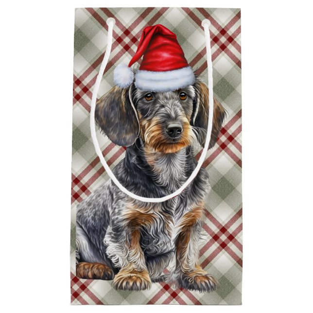 Wire Haired Dachshund Dog on Red Plaid Christmas Kleine Geschenktüte (Vorderseite)