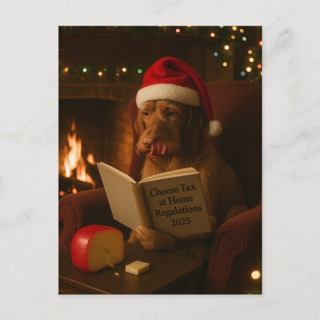 Wire haired Vizsla 'Cheese Tax' Christmas postcard Postkarte (Vorderseite)