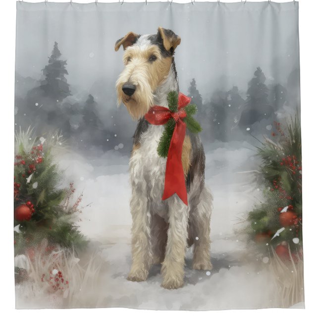 Wirefox Terrier Dog im Schnee Weihnachten Duschvorhang (Vorderseite)