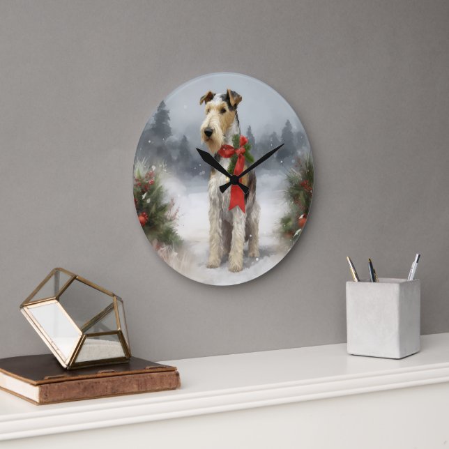 Wirefox Terrier Dog im Schnee Weihnachten Große Wanduhr (Büro)