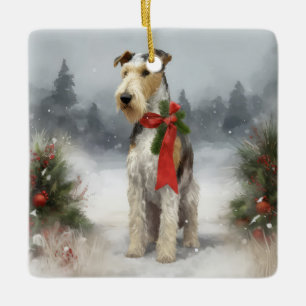 Wirefox Terrier Dog im Schnee Weihnachten Keramikornament