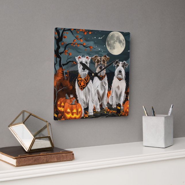 Wirefox Terrier Halloween Spooky Quadratische Wanduhr (Büro)