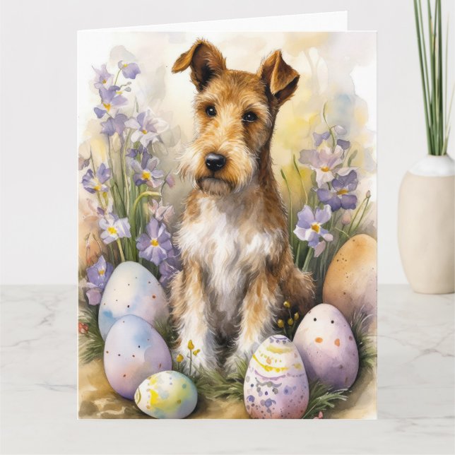 Wirefox Terrier Hund mit Ostereiern Urlaub Karte (Vorderseite)