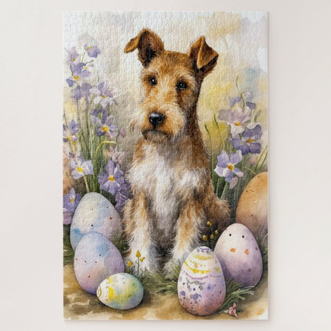 Wirefox Terrier Hund mit Ostereiern Urlaub Puzzle (Vertikal)