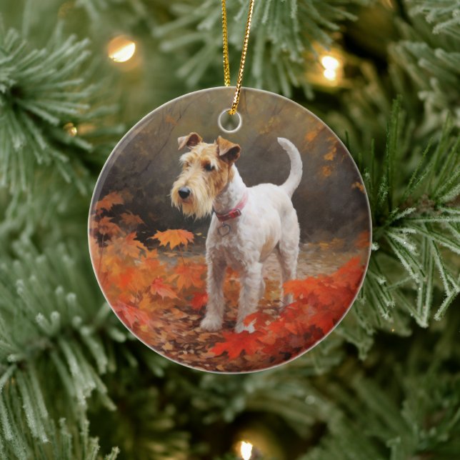 Wirefox Terrier im Herbst Leaves Fall Inspiriert Keramik Ornament (Baum)