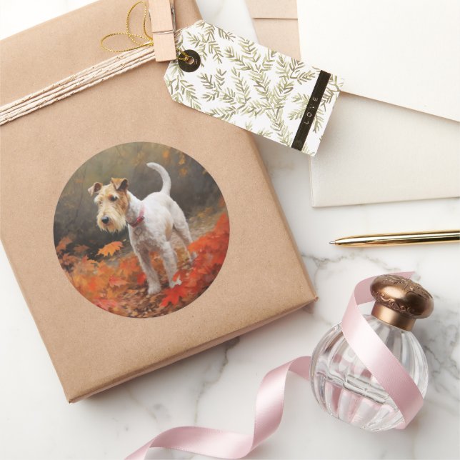 Wirefox Terrier im Herbst Leaves Fall Inspiriert Runder Aufkleber (Schenken)
