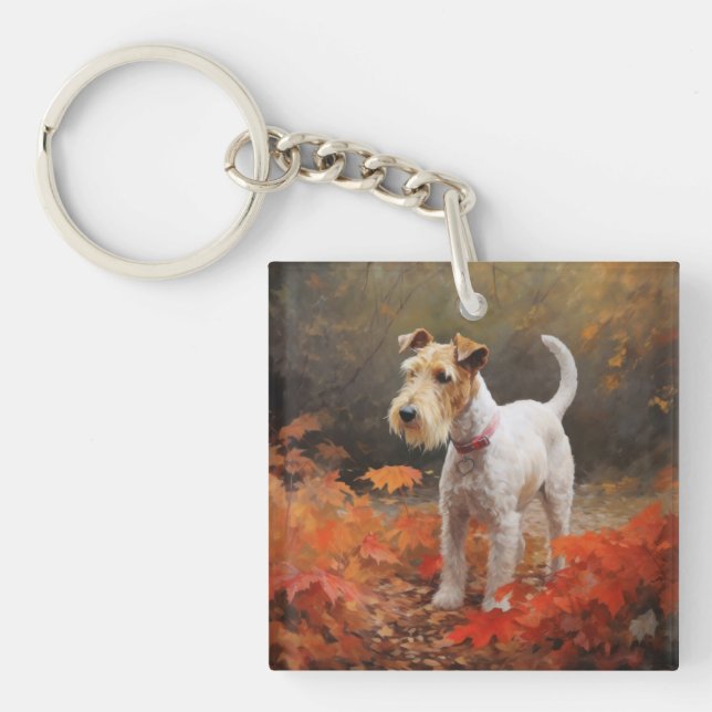 Wirefox Terrier im Herbst Leaves Fall Inspiriert Schlüsselanhänger (Vorderseite)