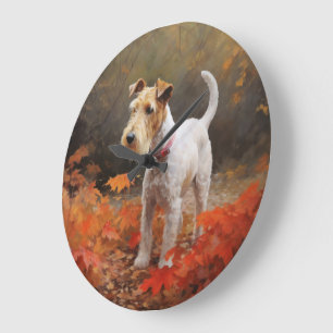 Wirefox Terrier im Herbstlaub Fall Inspiriert Große Wanduhr