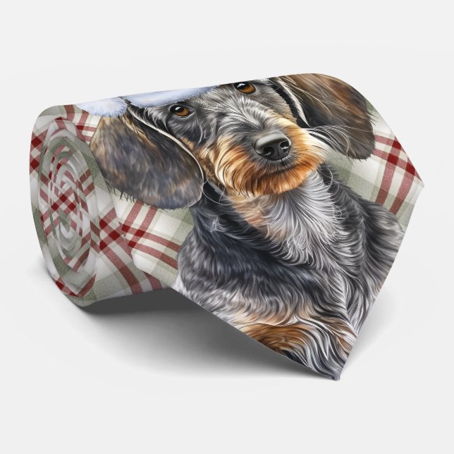 Wirehair Dachshund Dog Holiday Plaid Christmas Krawatte (Gerollt)