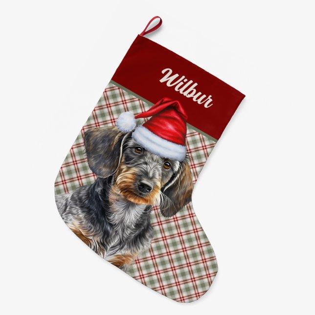 Wirehair Dachshund Dog Holiday Plaid Personalized Großer Weihnachtsstrumpf (Vorderansicht (hängend))