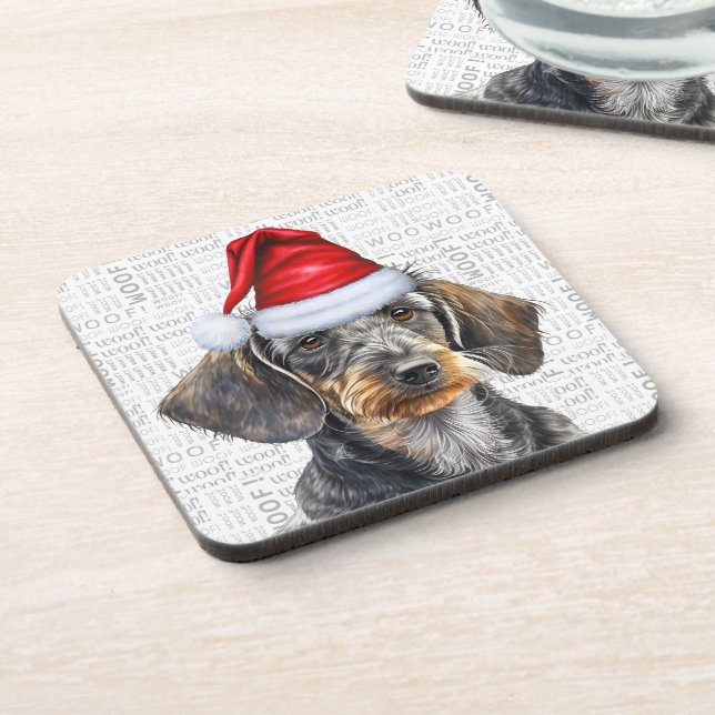 Wirehaired Dachshund Dog in a Santa Hat Holiday Getränkeuntersetzer (Linke Seite)
