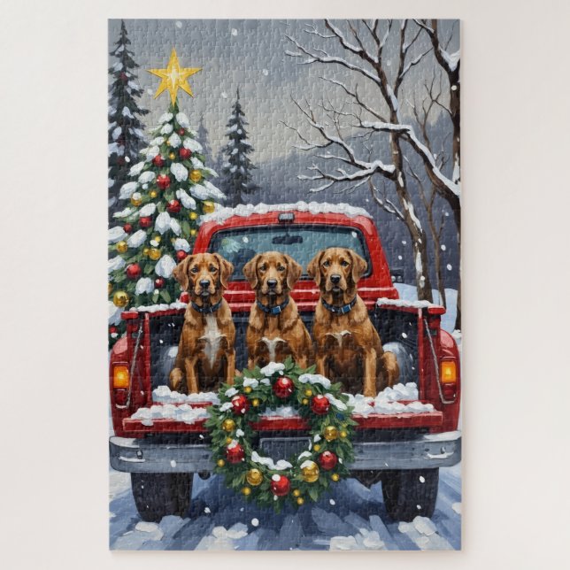 Wirehaired Pointing Griffon Christmas Red Truck Puzzle (Vertikal)