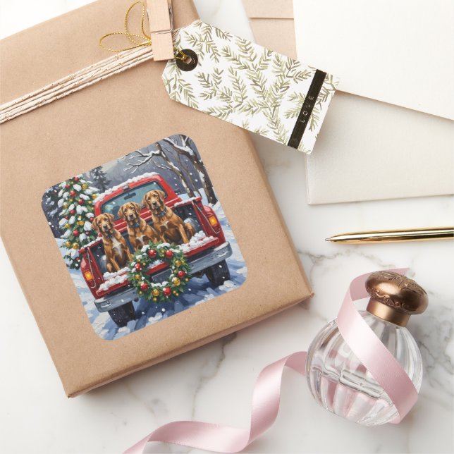 Wirehaired Pointing Griffon Christmas Red Truck Quadratischer Aufkleber (Schenken)