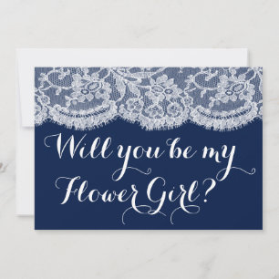 Wirst du mein Blumenmädchen sein? Navy Blue & Whit Einladung