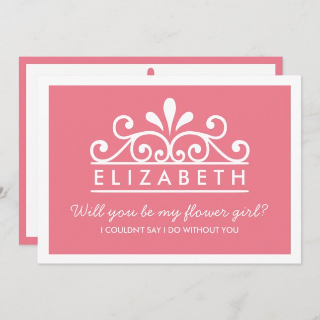 Wirst du mein Blumenmädchen sein? Pink Tiara Card Einladung (Vorne/Hinten)