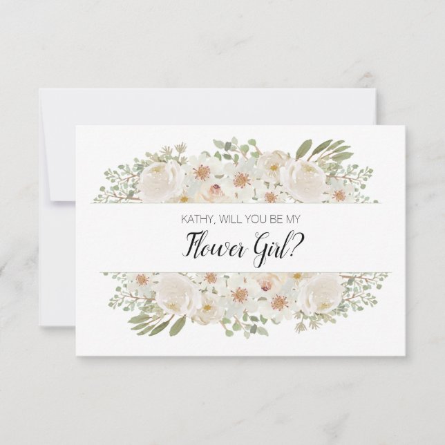 Wirst du mein Blumenmädchen sein Weiß Floral Elega (Vorderseite)