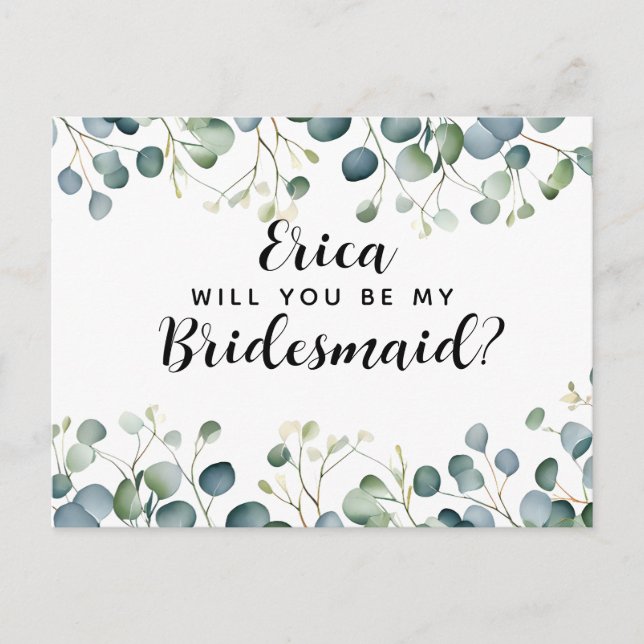 Wirst du mein bridesmädischer Postkarteneukalyptus Einladungspostkarte (Vorderseite)