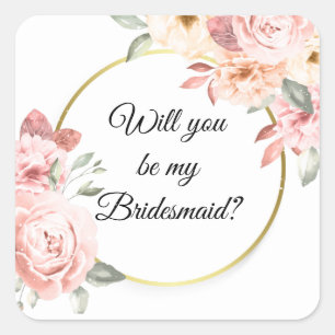 Wirst du meine Brautjungfer sein? blassrosa floral Quadratischer Aufkleber