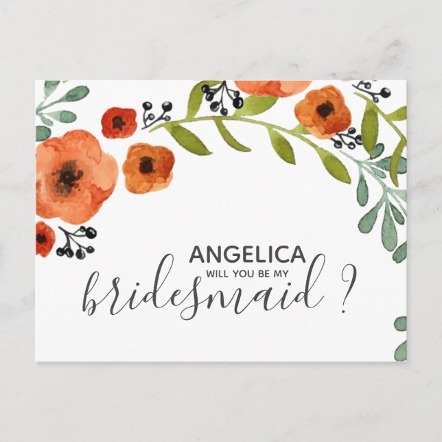Wirst du meine Bridesmädchen Floral Watercolor sei Einladungspostkarte (Vorderseite)