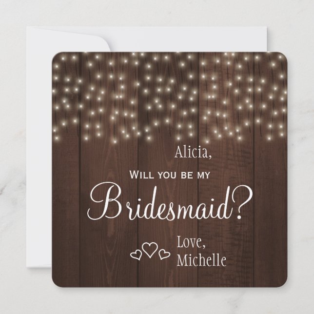 Wirst du meine Bridesmaid Tinkelleuchten rustikal  Einladung (Vorderseite)