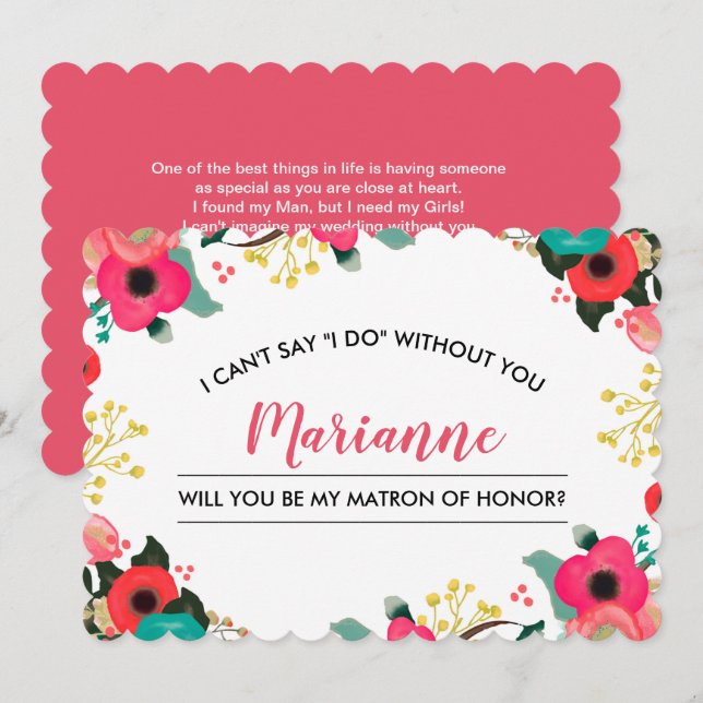 Wirst du meine Ehrenmatrone sein? Moderne Blumen Einladung (Vorne/Hinten)