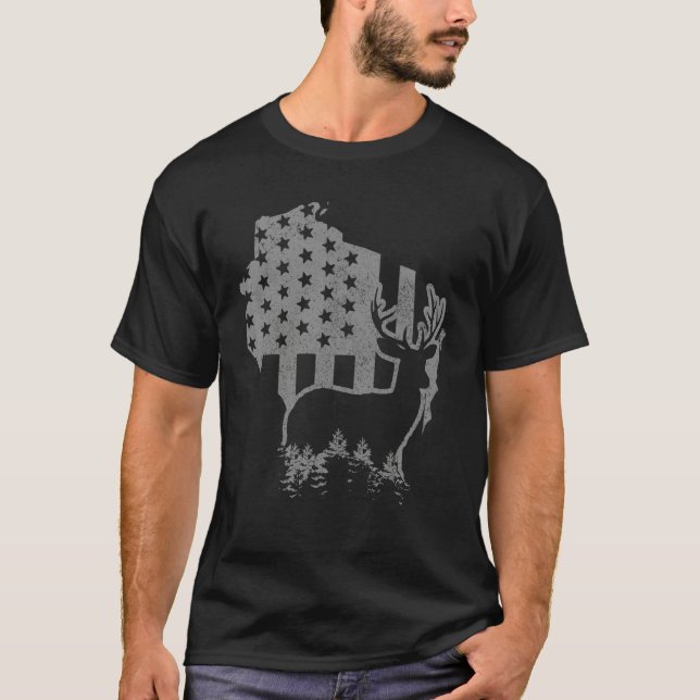 Wisconsin Elk Hunting State Map US Flag Patriotic  T-Shirt (Vorderseite)