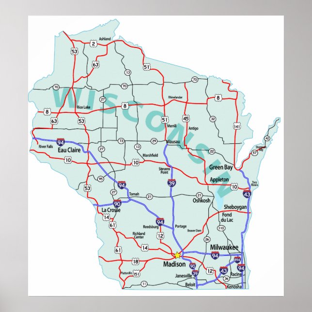 Wisconsin Interstate Map Print Poster (Vorne)