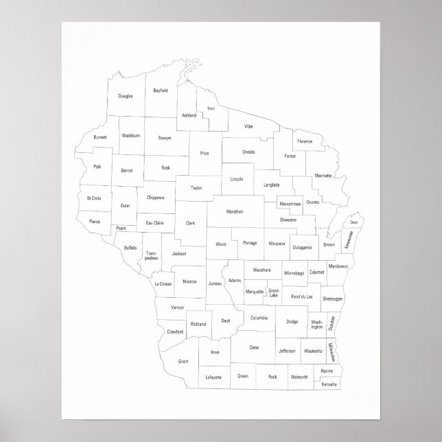 Wisconsin-Karte mit Landkreisen im Staat mit Namen Poster (Vorne)