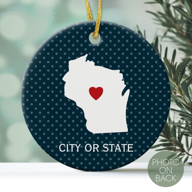 Wisconsin Map Zuhause Staat Liebe Custom City Blue Keramik Ornament (Personalized Photo Ornament)